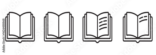 Four open books icons in a row showing different page content in black outline on a white background