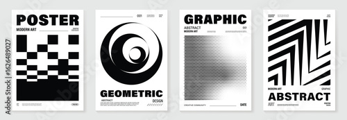 Abstract monochrome poster background vector set. Modern cover template with black and white perspective geometric prism shape, line, dot halftone. Ideal design for social media, banner, ads.