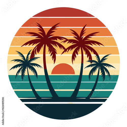 Wallpaper Mural Tropical Beach Badge with Sunset Layers and Palm Silhouettes Torontodigital.ca
