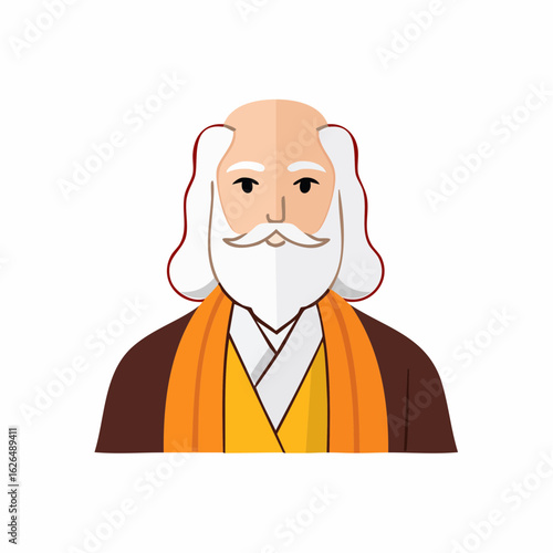 Cartoon depiction of an elderly East Asian man with a beard wearing traditional robes and a scarf.