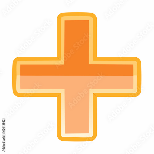 Orange plus sign icon in a flat cartoon style. Symbol for addition, positive, or more. Vector illustration.