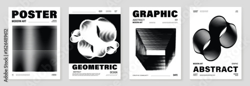 Abstract monochrome poster background vector set. Modern cover template with black and white perspective line, dot halftone. Ideal design for social media, banner, ads.