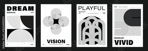 Abstract monochrome poster background vector set. Modern cover template with black and white perspective geometric shape, line. Ideal design for social media, banner, ads.