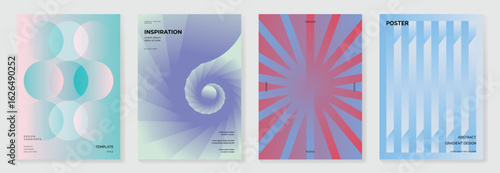 Modern gradient poster background vector set. Minimalist cover template with vibrant perspective geometric shapes different. Ideal design for social media, cover, banner, flyer.