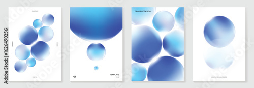 Modern gradient poster background vector set. Minimalist cover template with blue perspective geometric prism shapes, bubble. Ideal design for social media, cover, banner, flyer.