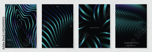 Abstract line wave gradient poster background vector set. Minimalist cover template with vibrant perspective line wave in motion. Ideal design for social media, cover, banner, flyer, music, ads.
