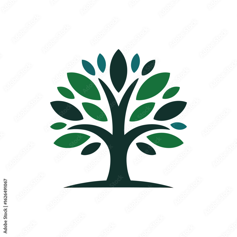 Fototapeta premium Stylized green tree logo with leafy canopy and root system
