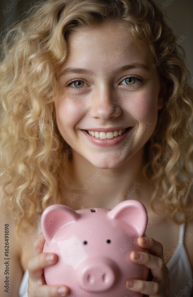 Young girl holds pink piggy bank with heart on top, smiling at camera. Curly hair, gray background, happy expression, savings, finance, wealth, prosperity, future, earning, growth, secure, budget, Young girl holds pink piggy bank with heart on top, smiling at camera. Curly hair, gray background, happy expression, savings, finance, wealth, prosperity, future, earning, growth, secure, budget,