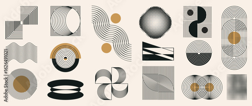 Abstract minimal element mid century vector set. Aesthetic contemporary stripe line art, vintage geometric shape,halftone in monochrome and brown. Atomic age Art form design for wall art, decoration.