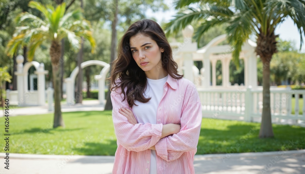 Naklejka premium Young brunette businesswoman stands in park, gazing directly at camera with expression of coldness. Wears vibrant pink dress, white shirt, crossed arms in relaxed pose, tilting head to side. Tropical