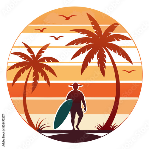 Surfer with Longboard Under Palms Within a Warm Circular Sunset
