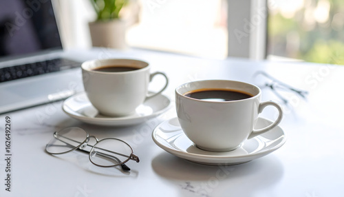 Two white ceramic cups of black coffee and eyeglasses on a bright marble work desk.