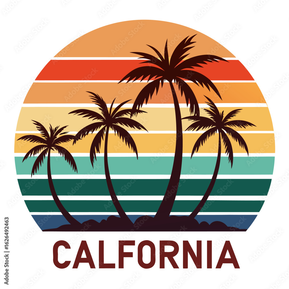 Naklejka premium California Summer Scene with Pastel Palms and Faded Horizon over Retro Stripes