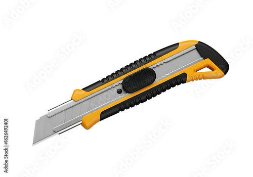 Orange and black utility knife with a metal blade.