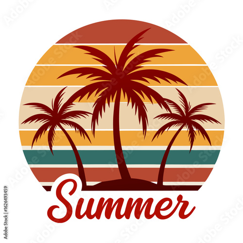 Wallpaper Mural Palm Trees Over Striped Sunset Circle with Flowing “Hello Summer” Script Torontodigital.ca