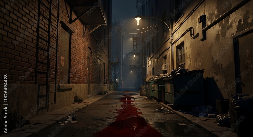 Fototapeta premium Creepy Dark Alleyway with Blood Stains and Dumpsters at Night