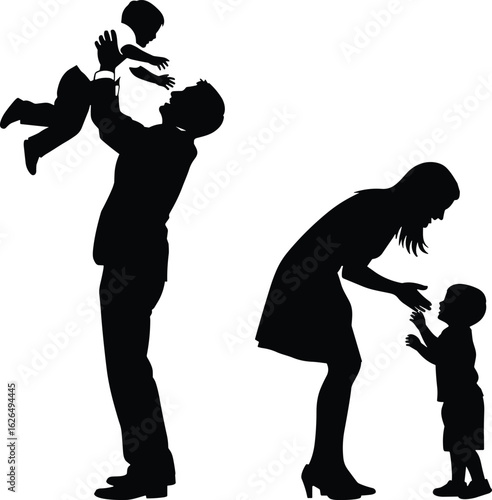 Silhouette of parents playing with children, family bonding, happy moments, parental love, joyful interaction, parenting, childhood memories, togetherness