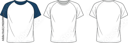 Raglan sleeve t-shirt front and back view mockup set, blank short sleeve tees template, isolated outline fashion apparel vector for clothing design