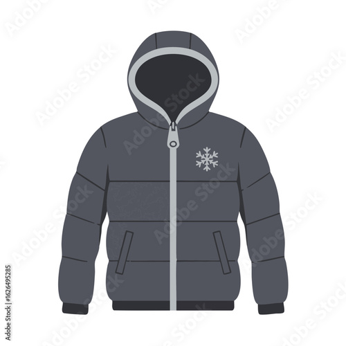 Hooded down jacket zipped up with snowflake on chest