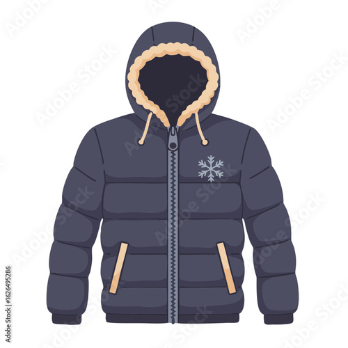 Hooded down jacket zipped up with snowflake on chest