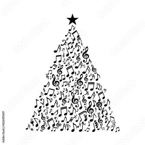 Christmas tree made of musical notes with star on top silhouette