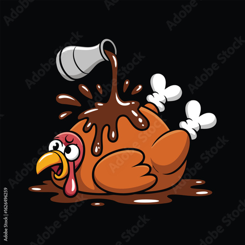 Cartoon turkey receives gravy bath in humorous thanksgiving animation with transparent background