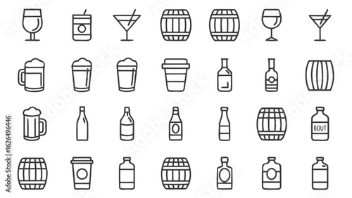 Collection of Minimalist Line Icons: Alcoholic Beverages, Barware, and Packaging