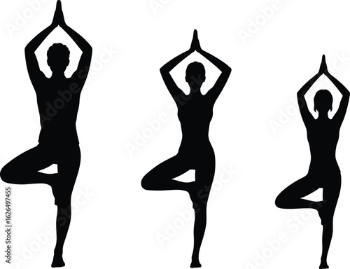 Silhouettes of people in Tree Pose, yoga balance posture, wellness and mindfulness concept, Vrksasana vector illustration, fitness and focus