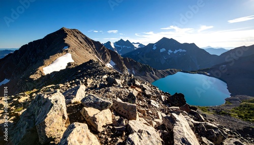 Hiking at Mountain Peak Overlooking Alpine Lake on Clear Day