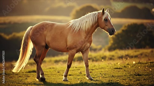 Palomino horse with blonde mane standing in golden grassland at sunset with warm lighting. Equine portrait concept for horse breeding, ranch promotions and rural lifestyle campaigns