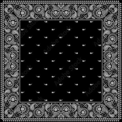 Bandana paisley square ethnic floral hand drawn pattern.Ornament classic vintage vector elements white on black background.Design for scarf,headscarf,kerchief,hijab,tablecloth,print fabric,decoration.