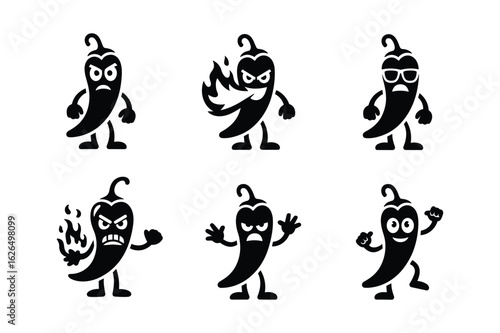 Anthropomorphic chili peppers displaying various emotions and actions cartoon character