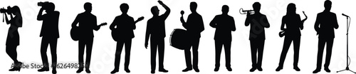 Silhouettes of photographers and musicians, artistic expression, camera and instrument poses, creative lifestyle, black vector icons, performance concept