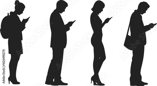 Smartphone addiction silhouettes, digital distraction, modern lifestyle, people using phones, technology impact, black vector art, social behavior concept