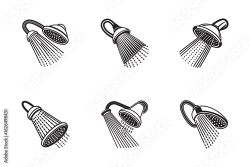 Shower Head Icon Set with Water Stream Black and White Bathroom Fixture Illustration Collection for Plumbing and Design Projects