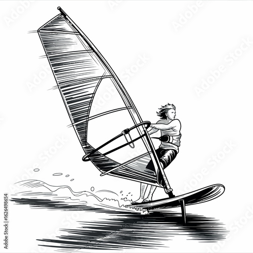 Windsurfer riding a wave in a sketch style drawing