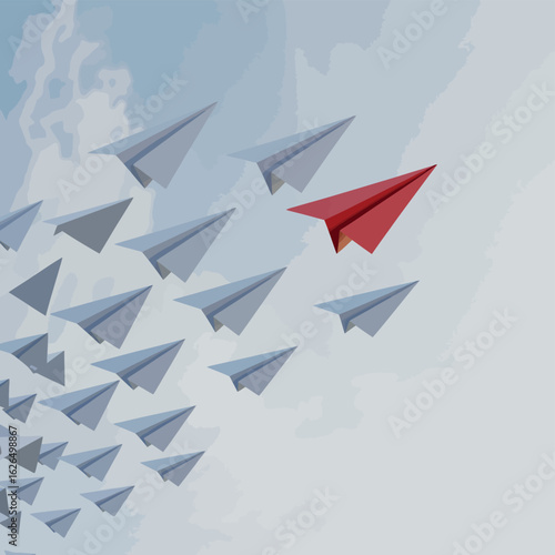 Red paper airplane leads a flock of white airplanes in the sky