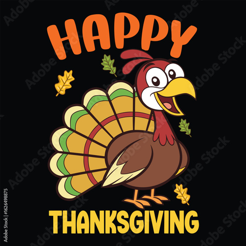 Cheerful cartoon turkey celebrates Thanksgiving with fallen leaves on a black background perfectly