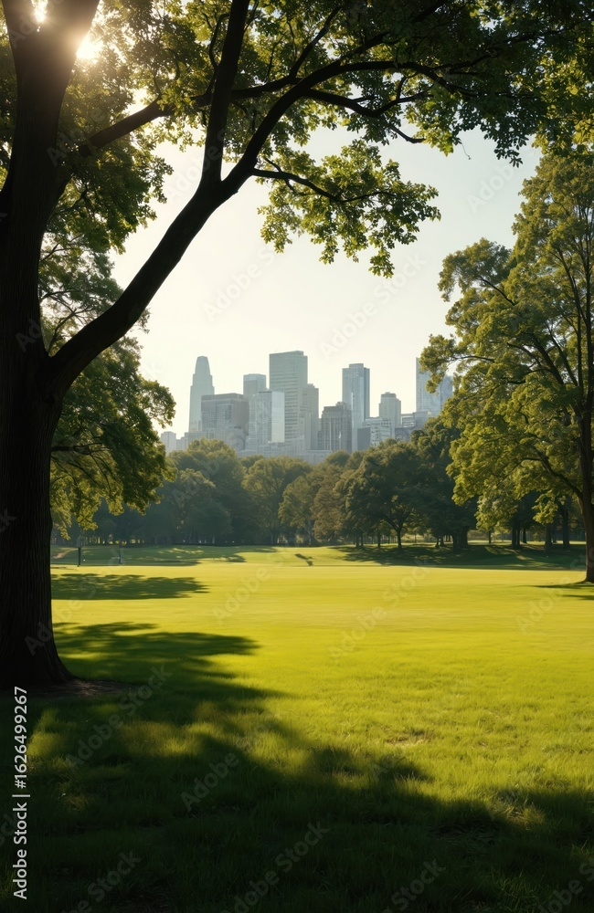 Obraz premium Serene metropolitan park with large oak tree at center. Tree canopy creates cool shade over well-maintained grassy area. City skyline in background with modern, old buildings, glass, steel facades.