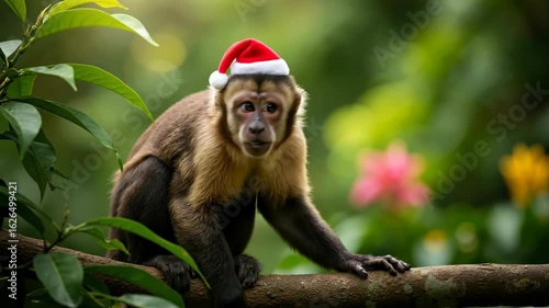 Monkey wearing christmas hat sitting on tree branch surrounded by tropical green foliage. Holiday primate concept for zoo promotions, exotic pet care and festive animal entertainment campaigns