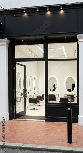 Modern Hair Salon Exterior, Stylish Black Facade, Empty Chairs