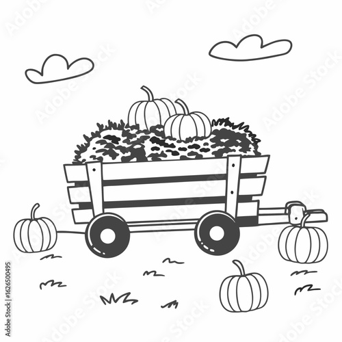 Hayride wagon filled with hay and pumpkins in a farm setting  