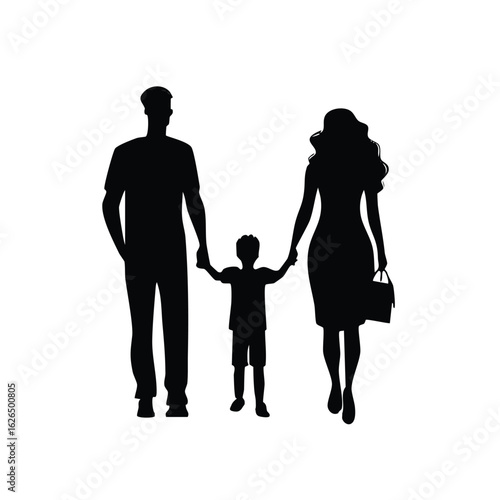 Black silhouette of a loving family walking together. A man, woman, and their young child hold hands, symbolizing unity and togetherness.