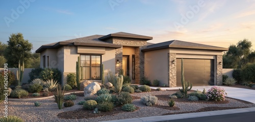 Fototapeta Naklejka Na Ścianę i Meble -  Modern desert home with flat roof, small porch, large central window. Green gravel driveway leads to house, surrounded by desert plants, solitary tree. Clear blue sky above, with sidewalk, corner