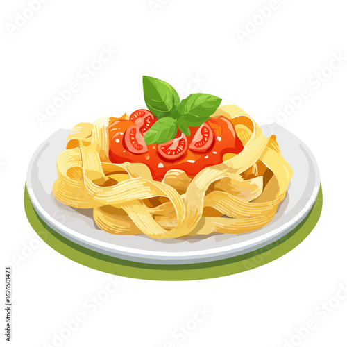 Pasta dish with tomato sauce fresh basil and sliced cherry tomatoes on white plate Italian food meal cooked cuisine