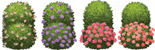 Flowering Topiary Bush Clipart – 4 Decorative PNG Shrubs with Blossoms for Garden Design, Landscaping Art, Digital Crafts, Spring Decor & Cards