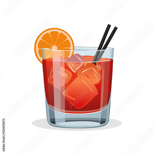 Cocktail with Ice and Orange Slice Vector Art for Bar Menu Red Drink Illustration