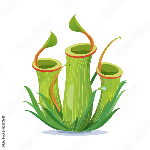 Cartoon pitcher plants in grass attractive trap carnivorous plant illustration