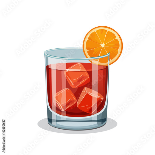 Refreshing cocktail with ice cubes and orange slice on black background illustration