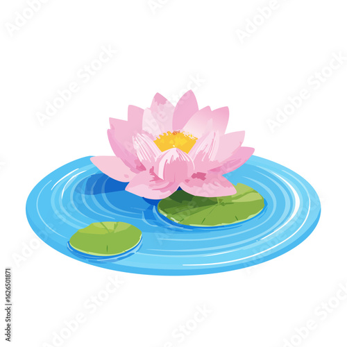 Elegant Pink Lotus Blossom Floating on Blue Water with Lily Pads Simple Serene Nature Beauty Water Garden Asian Inspiration